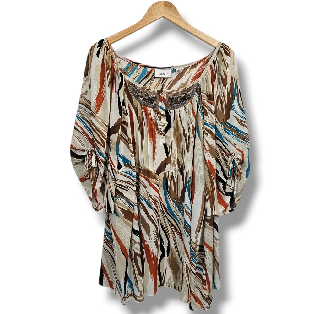Avenue Top 26/28 Women Multicolor Beaded Neck Tie Sleeve Boho Earthy Lightweight